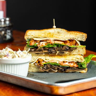 Smoked mushroom sandwich, served with coleslaw.