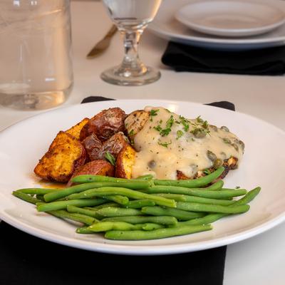 Lemon Caper Chicken, with roasted red potatoes, and green beans.