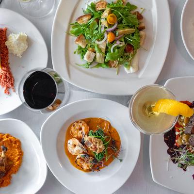 Assorted dishes and drinks, top view.