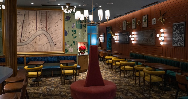 Interior, wide view of the seating area