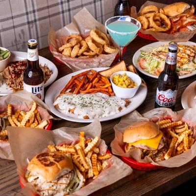 Assorted dishes, beers