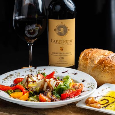 Burrata Salad and red wine.