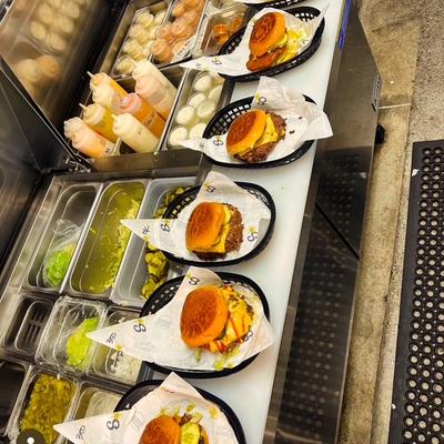 Cheeseburgers, salads, and sauces.