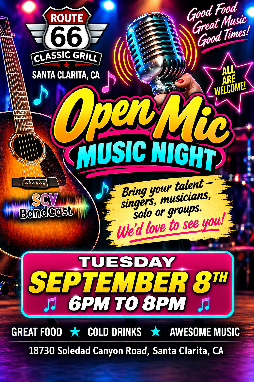 Open Mic night Tuesday September 8th at 6pm for Singers and Musicians