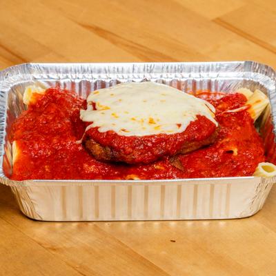 Chicken Parmesan Dinner with rigatoni.