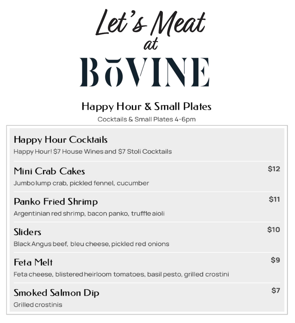 a picture of our happy hour menu asking people to meet at Bovine for happy hour