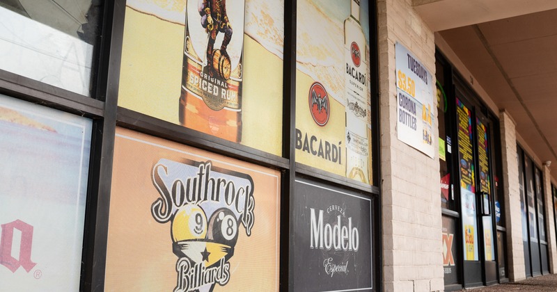Exterior, bar window with a decal