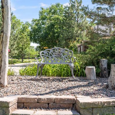 A bench seating in a garden space