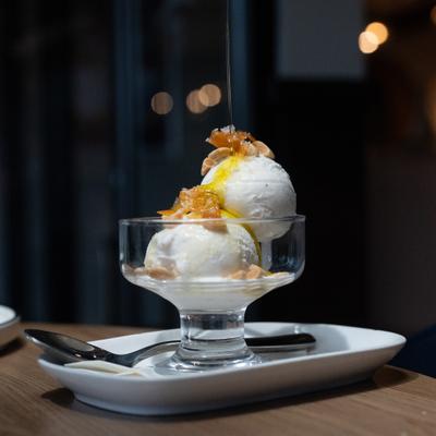 Vanilla Gelato with Orange Scented EVO - candied grapefruit, marcona almonds, sea sal