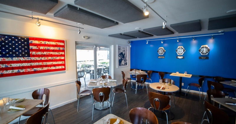 Interior, dining area, flag of the United States mounted on wall