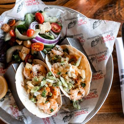 Hawaiian Pineapple Shrimp Tacos with salad