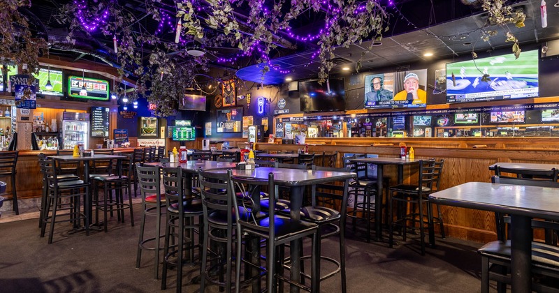 Interior, seating area, high top tables and chairs