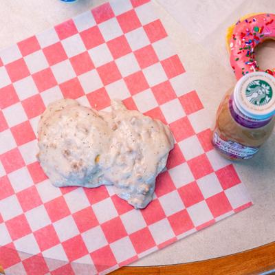 Biscuits and gravy, top view.