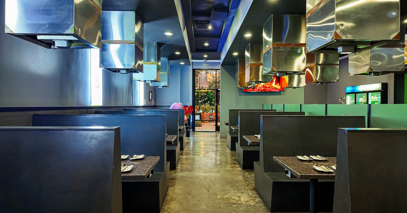 Interior, seating booths lined up