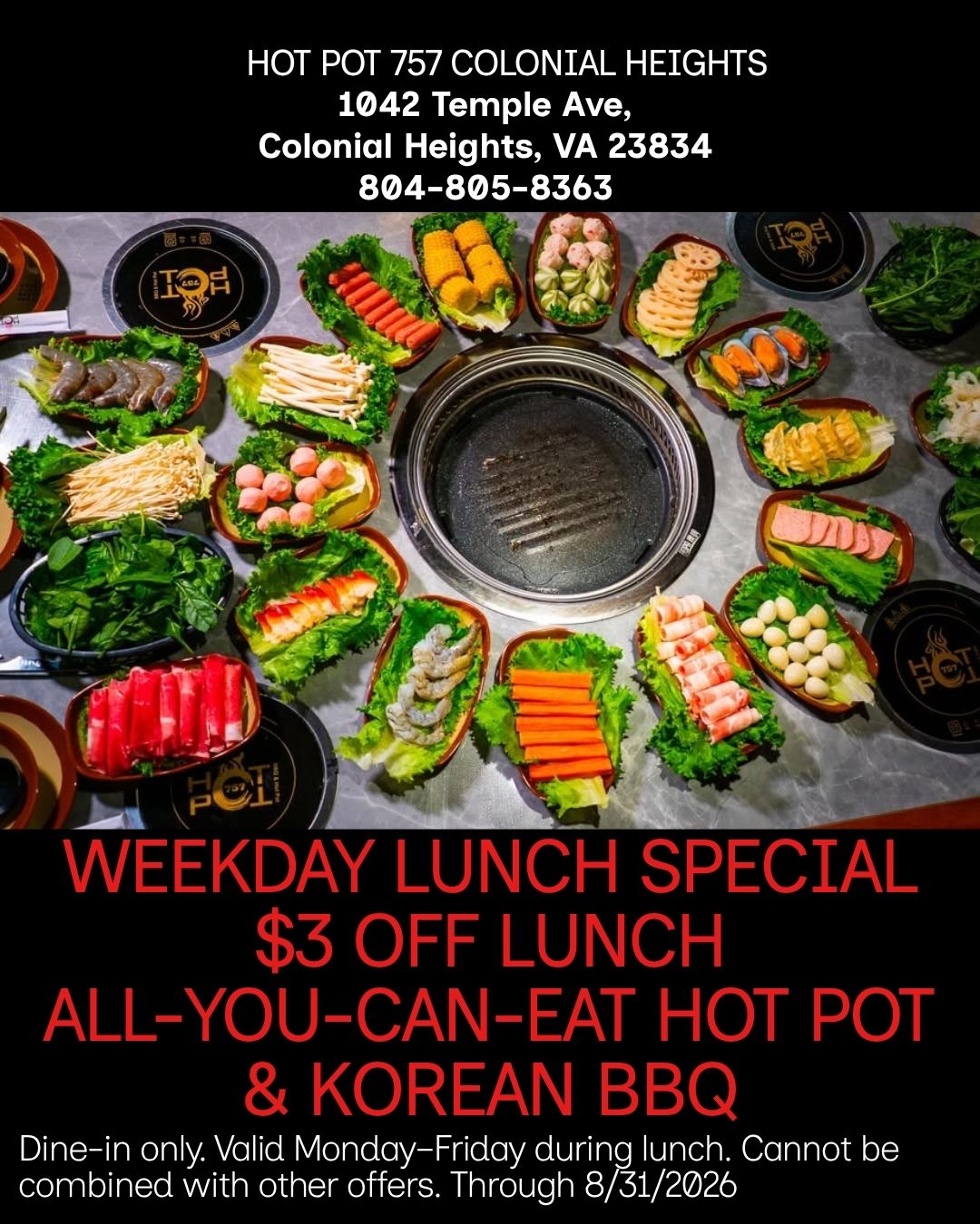 Enjoy $3 OFF our All-You-Can-Eat Hot Pot & Korean BBQ lunch at Hot Pot 757 – Colonial Heights!