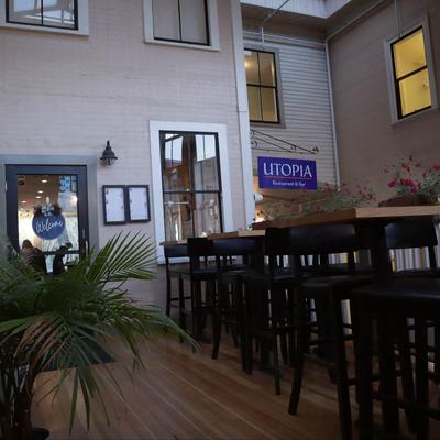 Outdoor patio, seating area.