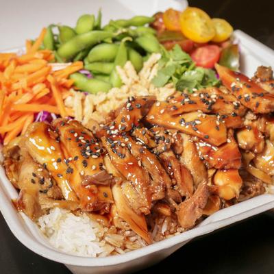 Teriyaki Chicken with fresh vegetables and rice.