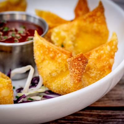 Crab wontons, close up.