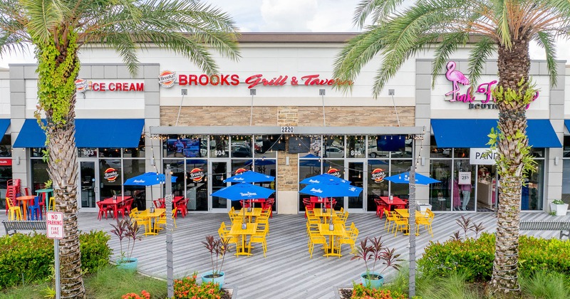 Exterior, seating area in front of main entrance