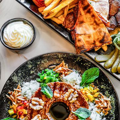 Shish kabab platter, Kebbeh Nayeh.