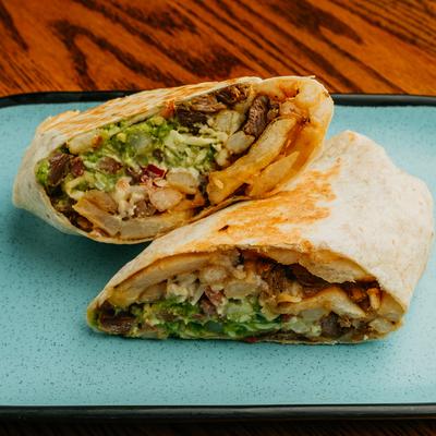 Cali Burrito with carne asada, guacamole, and fries.