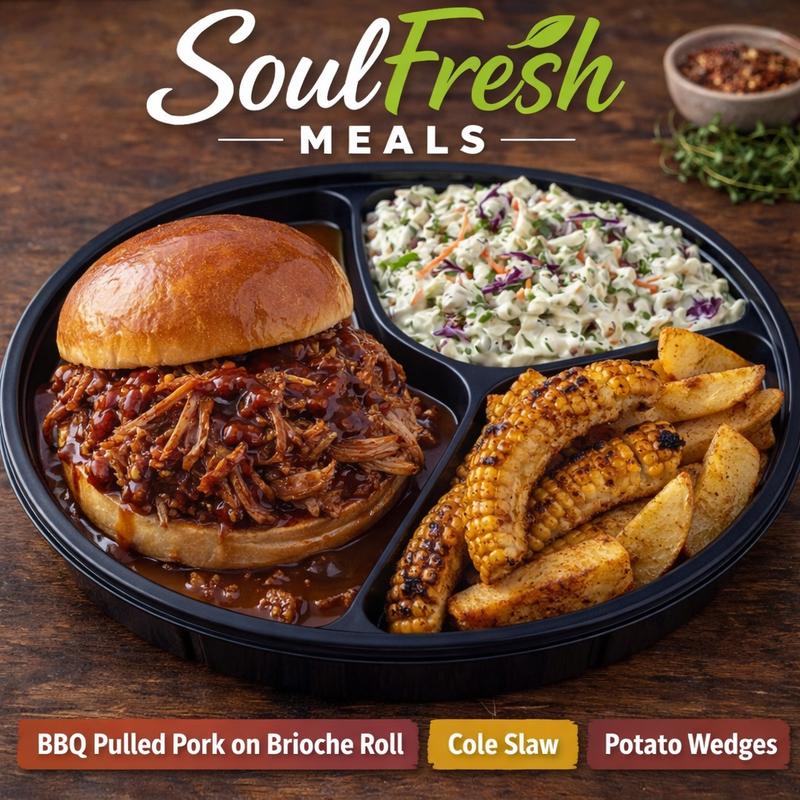 menu item 31 of 43, BBQ Pulled Pork on Brioche Roll | Cole Slaw | Potato Wedges