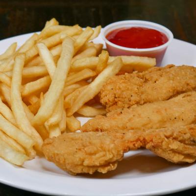 Chicken tenders with fries and ketchup.