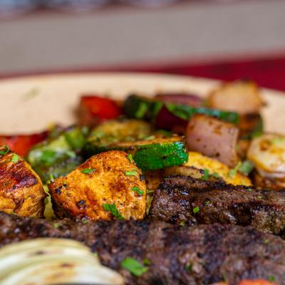 Chicken and Beef Biryani plate, close-up.