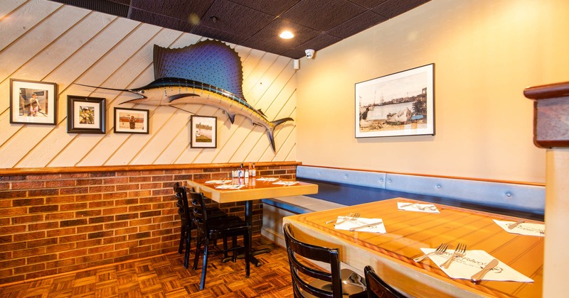 Interior, swordfish on the wall next to the table