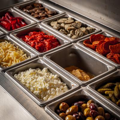 Buffet table with various toppings.