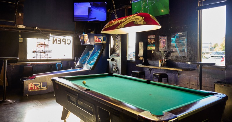 Interior, pool room, table