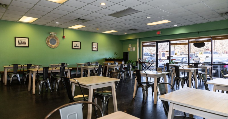Diner area, tables, chairs, angle view