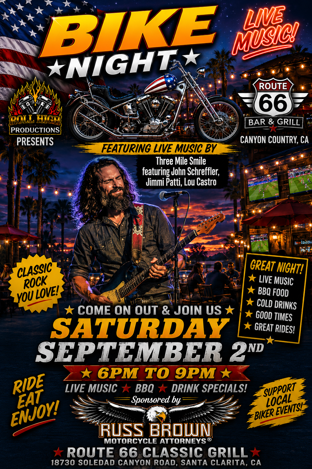Live Music Bike Night Sept 2nd Wednesday 6pm featuring Three Mile Smile band