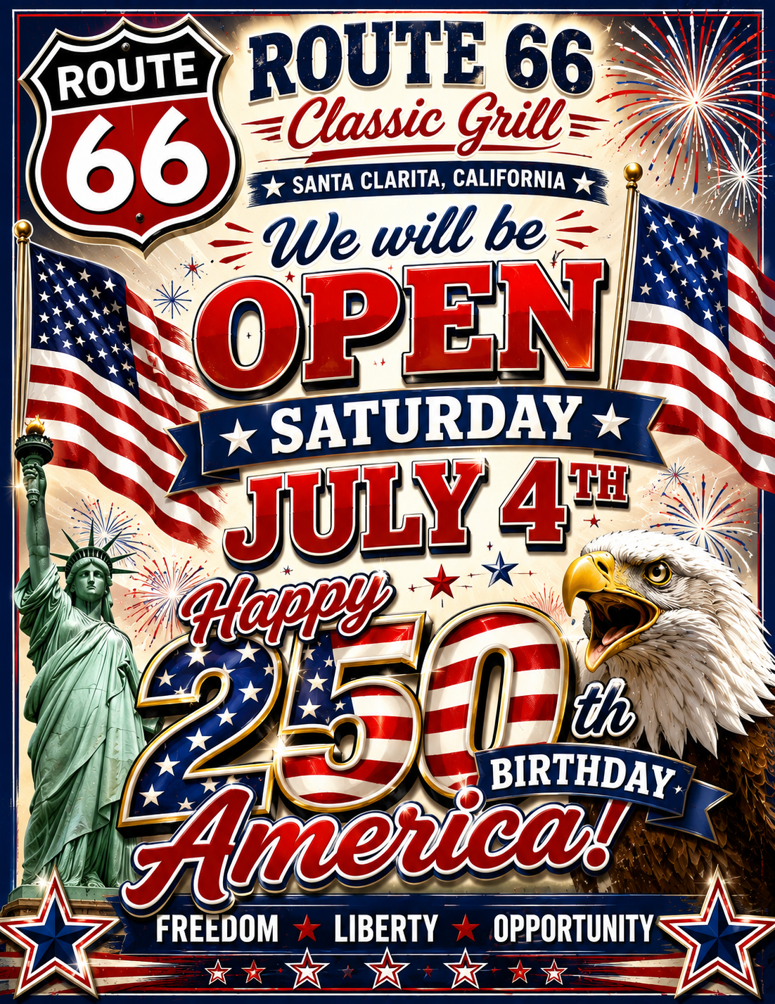 ROute 66 Classic Grill Santa Clarita California is open Juy 4th