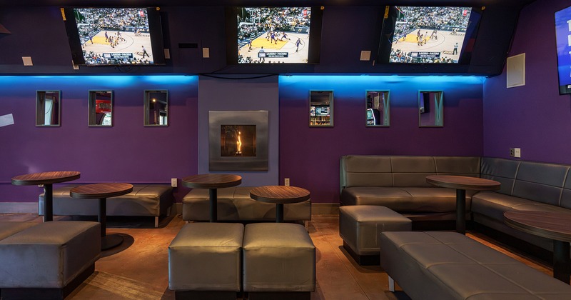 Sports bar interior space, lounge seating