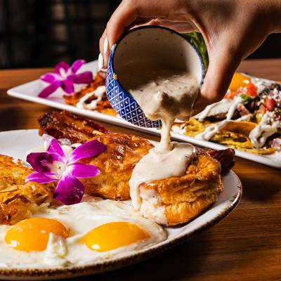 A hand pouring gravy over a meal.