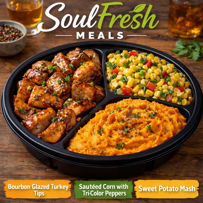 menu item 35 of 43, Bourbon Glazed Turkey Tips | Sautéed Corn with Tri-Color Peppers | Sweet Potato Mash