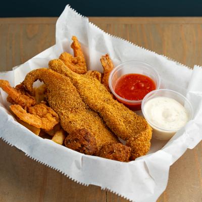 Fried fish and shrimp served with fries, hush pippies and dipping sauces.