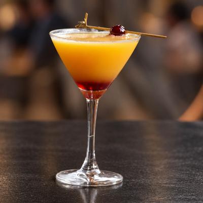 Sunrise mocktail served win martini glass, garnished with a cherry on a pick.