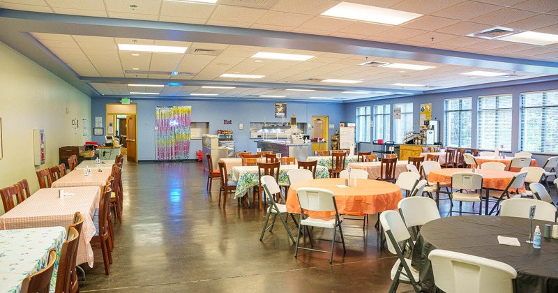 Interior, chairs and round tables