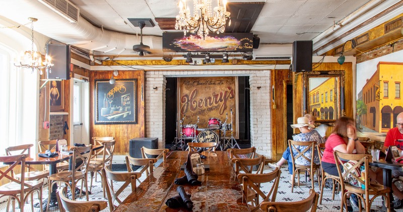 Interior, seating area with a music stage in the back