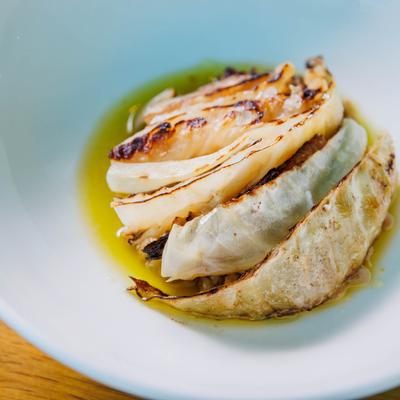 Cabbage dish served, close-up