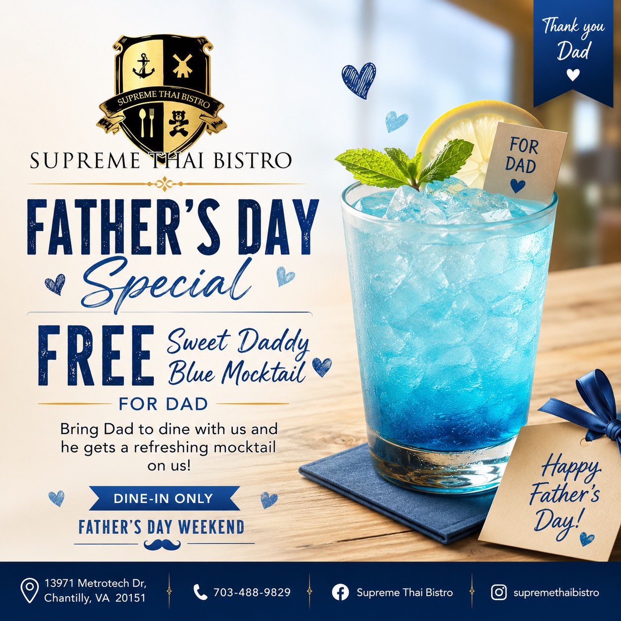 free sweet daddy blue mocktail for dad at supreme Thai bistro Chantilly, VA