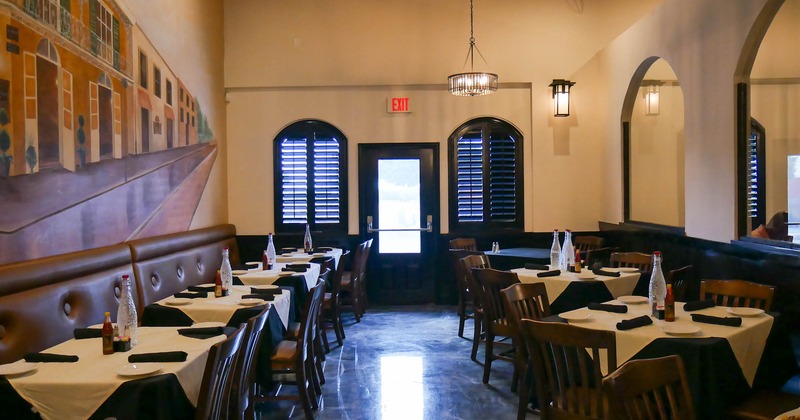 Interior, tables and chairs lined up