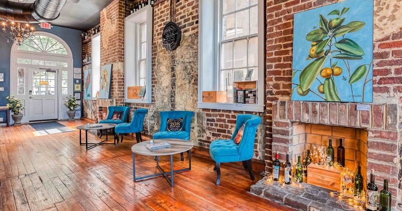 Interior, seating place with blue chairs