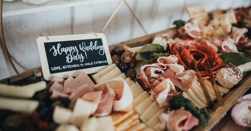Wedding charcuterie board with meats cheeses and olives