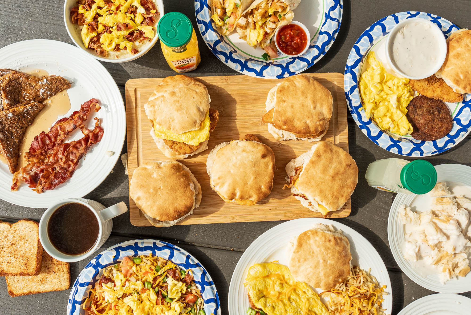 Homemade biscuits, eggs, bacon, coffee, hashbrowns