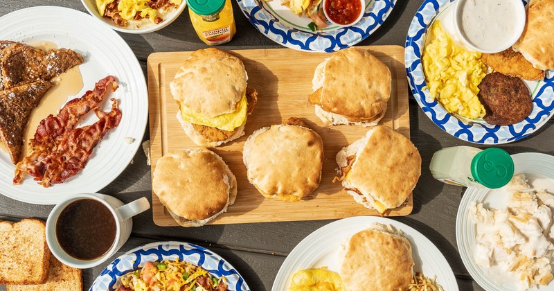 Homemade biscuits, eggs, bacon, coffee, hashbrowns