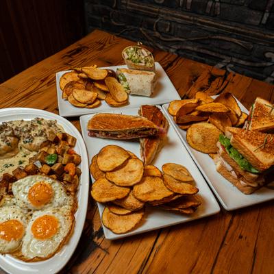Different food dishes served on the table.