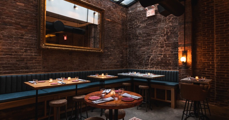 Interior, bench seating area and tables